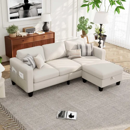 Vista 8 de Sofás Seccionales para Sala de Estar - Sofá Moderno en Forma de L de Lino Gris Oscuro de 3 Plazas con Otomana de Almacenamiento Reversible