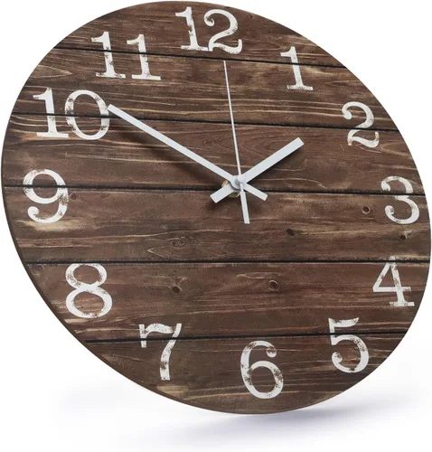 Vista 2 de Reloj de pared de 12 pulgadas de imitación de madera, silencioso, sin tictac, para interiores, reloj redondo marrón decorativo, rústico