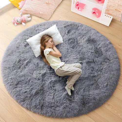 Vista 14 de junovo - Alfombra redonda y esponjosa para niños y niñas, de castillo de princesa, de felpa lanuda, para dormitorio, habitación de bebé, sala