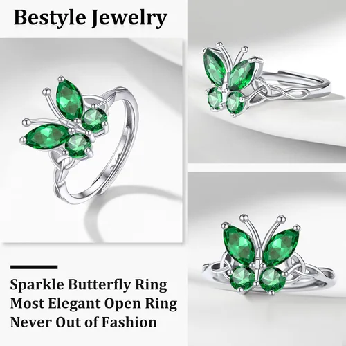 Vista 6 de Bestyle Anillo de collar de mariposa con piedra natal plateada para mujeres, delicado y lindo regalo de joyería de mariposa para mujeres