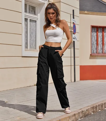 Vista 3 de ZMPSIISA Pantalones de mujer de cintura alta, pantalones cargo militares de pierna ancha, pantalones casuales de 8 bolsillos