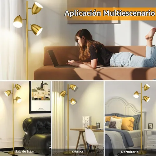 Vista 9 de Lámpara de pie de árbol con 3 bombillas, lámparas de pie altas con cabezales metálicos ajustables de 65" Lámparas de pie de lectura con base E26