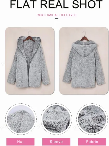 Vista 4 de Dokotoo - Chaqueta de invierno de manga larga para mujer, de vellón, cárdigan para el invierno, mullida, color liso, frente abierto, con capucha