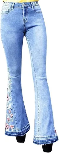 Vista 3 de Jeans acampanados con bordado floral para mujer, jeans elásticos acampanados, talla grande, pantalones de mezclilla de pierna ancha Y2k