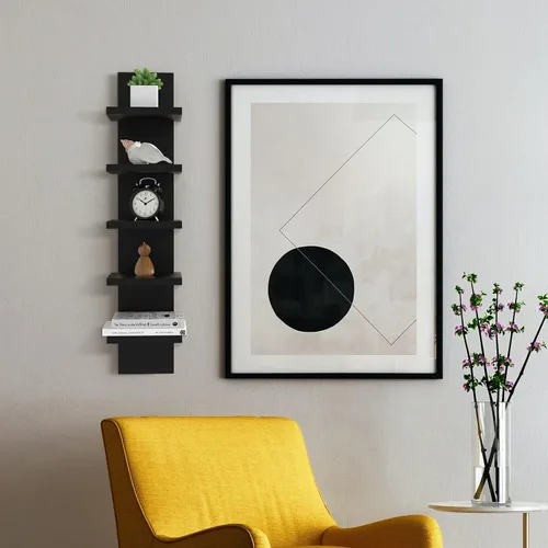 Vista 5 de Estantes de pared de 5 niveles en negro, estante de columna vertical flotante, organizador de almacenamiento para decoración del hogar, diseño