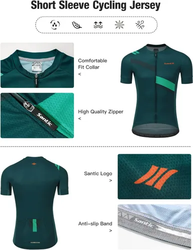 Vista 4 de Santic Camiseta de ciclismo para hombre, manga corta, camiseta de ciclismo de carretera, con cremallera completa, UPF 50+, MTB con bolsillos