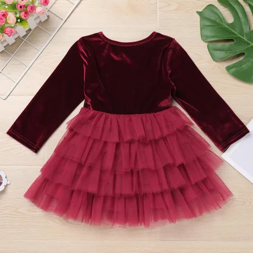 Vista 5 de Vestido de tutú de tul escalonado de terciopelo de manga larga para otoño e invierno para niñas y niñas