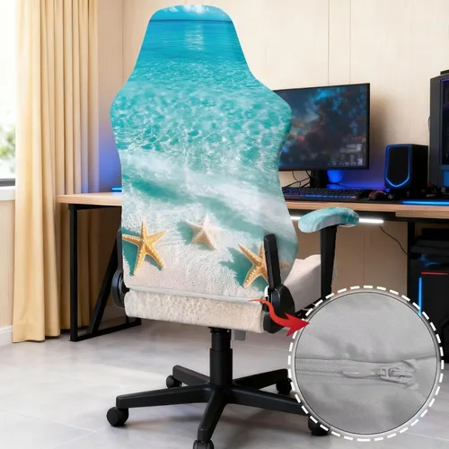 Vista 5 de Fundas para sillas de escritorio azules elásticas de 4 piezas, fundas para sillas de computadora con cremallera de estrella de mar para adultos