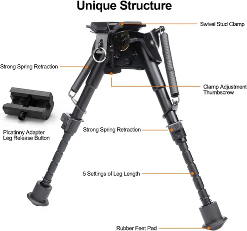 Vista 4 de TWOD - Bípodes tácticos ajustables para rifle de 6-9/6.3-6.9 pulgadas, riel Picatinny con adaptador adicional Bipod with Mount Adapter for Hunting