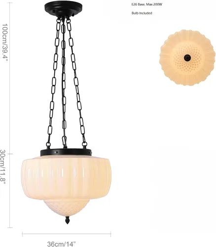 Vista 4 de FCTWAKS Lámpara colgante grande de vidrio lechoso, candelabro de techo estilo Schoolhouse de mediados de siglo de 14", candelabro vintage