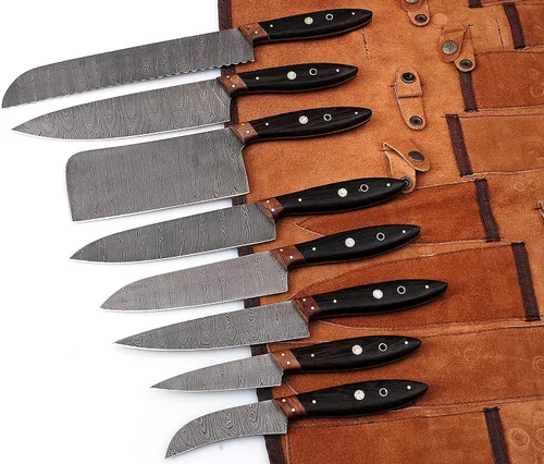 Vista 6 de Cuchilla de acero de damasco hecha a mano personalizada Cuchillos de cocina profesionales 8 PCS cuchillo de cocina de chef conjunto con bolsa