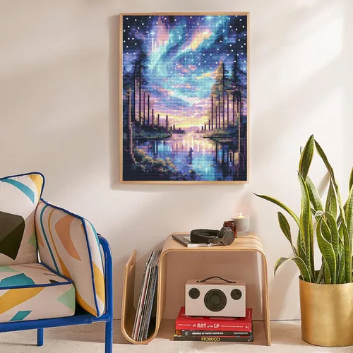 Vista 3 de Kits de pintura de diamantes de cielo estrellado Offito para adultos, kits de pintura de diamantes 5D Aurora Lake para principiantes, fantásticos