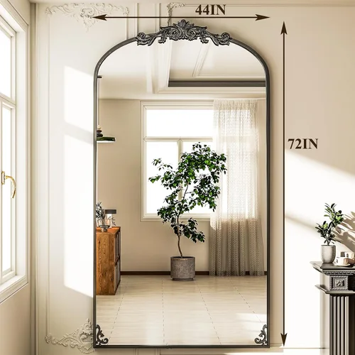 Vista 6 de GLSLAND Espejo Vintage - 72" x 44" Espejo de Cuerpo Completo Grande Tallado Arqueado con Marco de Metal Barroco Espejos de Cuerpo Completo para Negro