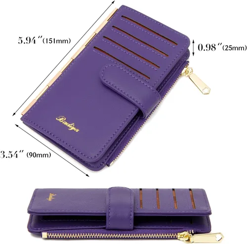 Vista 7 de Badiya Tarjetero de crédito para mujer, con bloqueo RFID, delgada, plegable, con bolsillo con cremallera y 3 ventanas para identificación, Violeta
