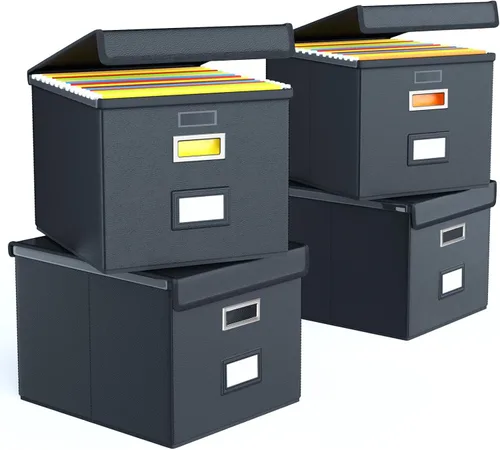 Vista 32 de Caja organizadora de archivos Huolewa con tapa, caja organizadora de carpetas de archivos colgantes de cuero sintético plegable con deslizadores