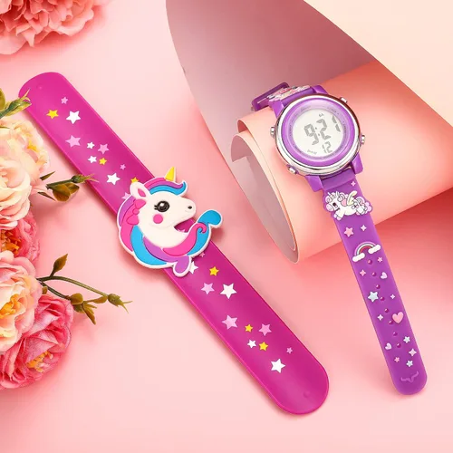 Vista 5 de 2 Pieces Kids Unicorn Watch Toddler Watch and Silicone Wristband Cute 3D Kids Digital Watch Waterproof 7 Color Lights Watch with Alarm Stopwatch