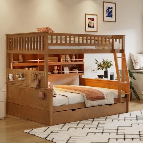 Vista 9 de SOFTSEA Full XL Over Queen Wooden Bunk Bed with Drawers and LED, Beige