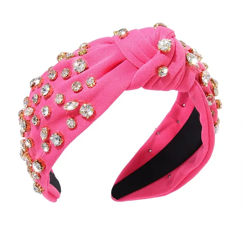 Vista 2 de Diadema anudada de cristal para mujer, diadema de nudo ancho adornado con cristal, diadema de moda para mujer, accesorios para el cabello Rosa Rojo