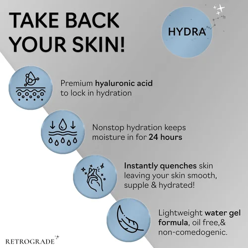 Vista 2 de Retrograde Skin Care Hydra - Crema de gel de agua ultra hidratante con ácido hialurónico para piel seca, sin aceite, loción facial no comedogénica