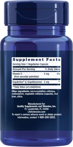 Vista 2 de Life Extension Essential Youth L-Ergothioneine – Promueve la longevidad y el envejecimiento saludable – Sin gluten – OGM – Vegetariano – 5 mg – 30