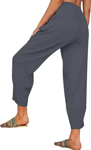 Vista 2 de FEDULKSTORE Pantalones de pierna ancha de algodón y lino para mujer, pantalones palazzo casuales de verano de cintura alta, pantalones holgados