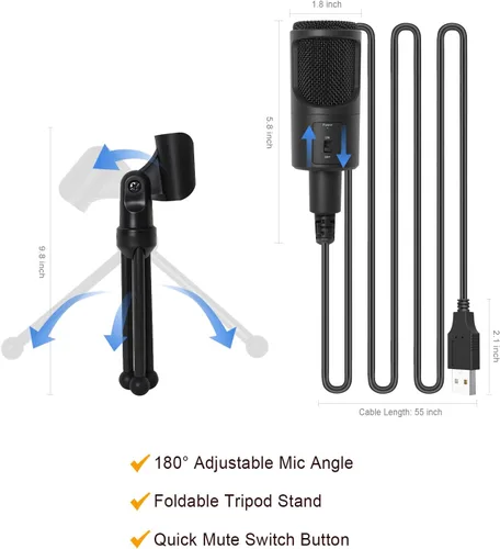 Vista 5 de Micrófono USB para PC, micrófono de condensador de podcast con interruptor de silencio de trípode plegable para transmisión, juegos, podcasting