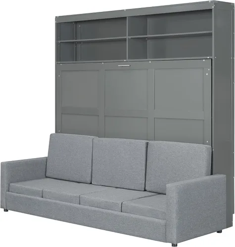 Vista 6 de Cama Murphy tamaño Queen, cama de madera Queen Murphy con sofá, cojín y estantes, gris