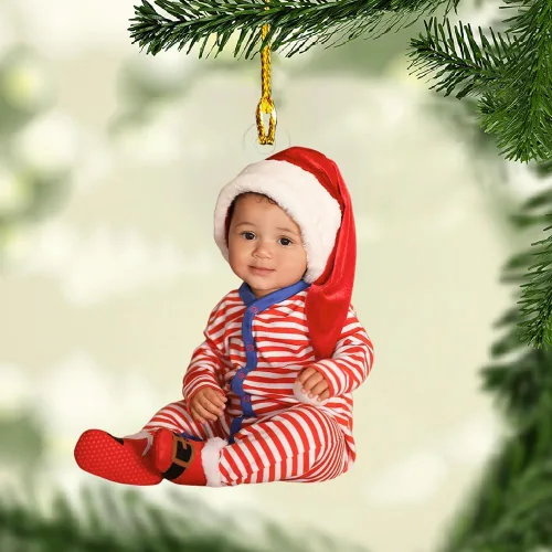Vista 25 de Adorno personalizado de primera Navidad del bebé con carga de foto, decoración plana colgante de cara de recién nacido para árbol navideño, lindo
