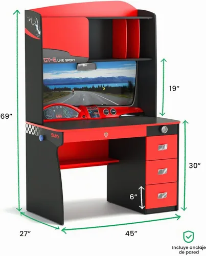 Vista 3 de Cilek GTS EV - Escritorio de estudio y gabinete con diseño de tablero de instrumentos de automóvil EV, estantes adicionales, cajones de cierre