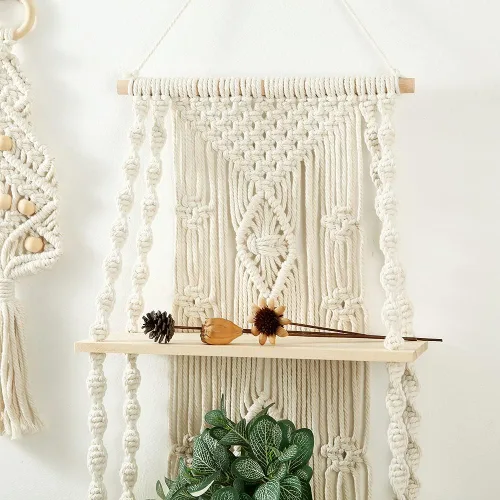 Vista 3 de Estante de macramé para colgar en la pared, estantes bohemios para colgar en la pared de plantas pequeñas, marcos de fotos, decoración del hogar, 2T