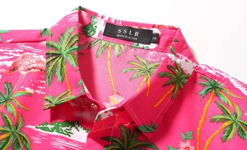 Vista 3 de SSLR Paquete de camisa hawaiana para hombre, camisa de manga corta con flamenco casual con botones, camisa de playa de verano