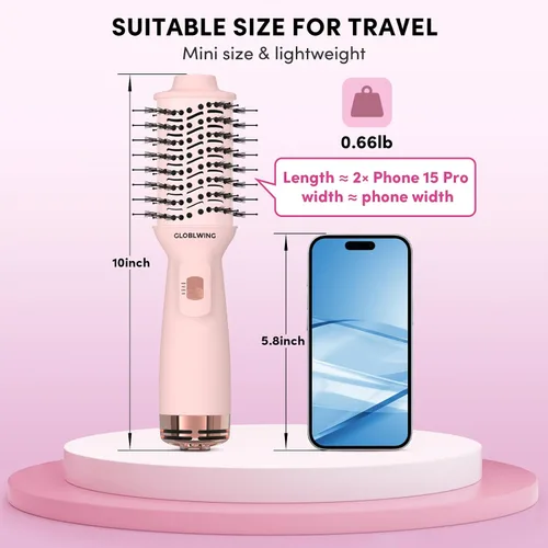 Vista 3 de Cepillo secador automático de pelo de viaje de doble voltaje, compacto mini cepillo de aire caliente con enchufe europeo, secadora de un paso
