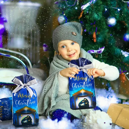 Vista 6 de Funrous 50 piezas de bolsas de regalo de Natividad - Bolsas de Navidad con cordón de plástico con lazos para regalos religiosos, Navidad, presentes