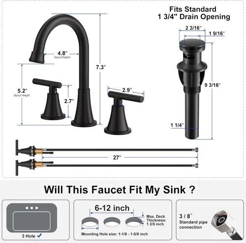 Vista 3 de Hurran - Grifos de baño para fregadero de 3 agujeros, juego central de 4 pulgadas y grifo de lavabo de baño negro mate con drenaje emergente, grifo