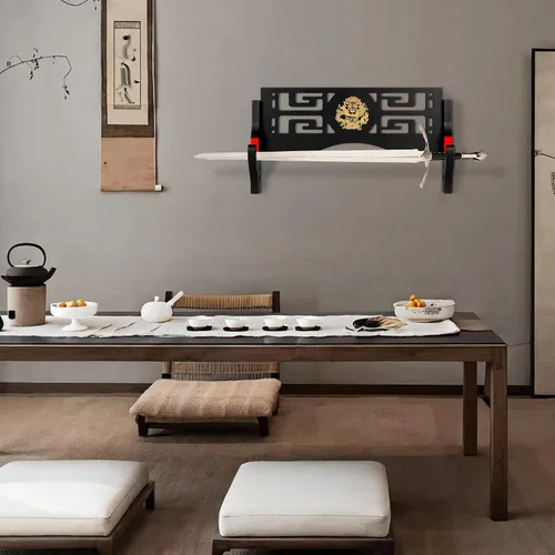 Vista 5 de Alyoen Soporte de pared Katana para espada Samurai con gancho acolchado de terciopelo y patrón de dragón, soporte de espada para sable de luz
