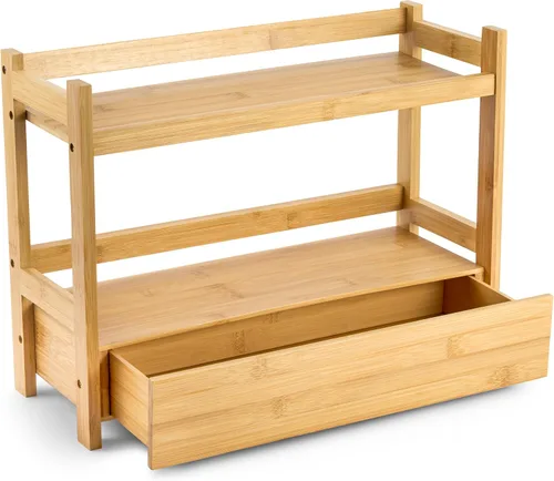 Vista 9 de Sorbus Organizador de encimera de baño de bambú, estante de 2 niveles con cajón oculto para tocador, estación matcha, organizador de fregadero