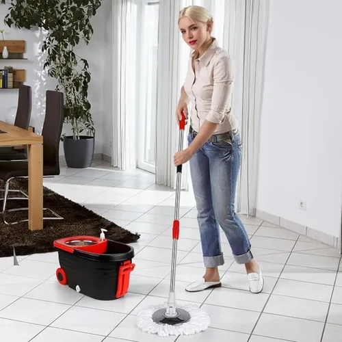 Vista 7 de Trapeador giratorio y cubo con escurridor en ruedas, sistema de cubo giratorio de 360° con 3 cabezales de repuesto de microfibra, mango extendido