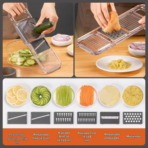 Vista 2 de KEOUKE Cortador de mandolina multifuncional transparente, 6 cuchillas intercambiables, cortador de verduras de mano con protector de mano