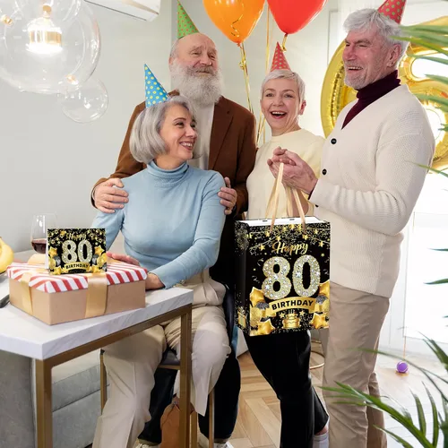 Vista 6 de Black Gold - Bolsa de regalo de cumpleaños número 80, bolsas doradas y negras con papel de seda y tarjeta, bolsas de regalo para hombres, mujeres