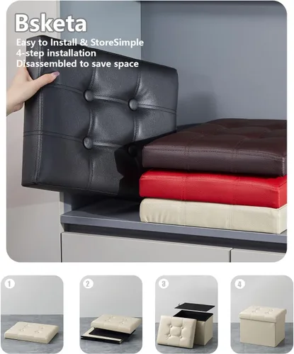 Vista 4 de Bsketa Otomana de Almacenamiento, Taburete Plegable con Asiento Acolchado de Espuma Más Gruesa, Otomana Pequeña de Cuero para Almacenamiento, Banco