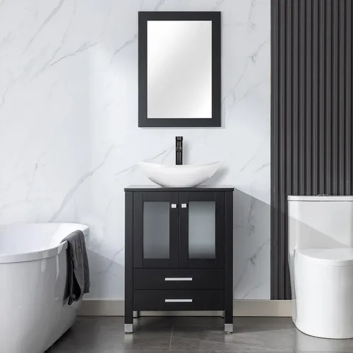 Vista 22 de LUCKWIND Combinación de tocador de baño de 24 pulgadas con lavabo, serie elegante con marco pintado, armario de almacenamiento de baño de dos