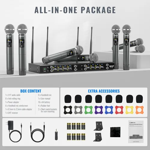 Vista 3 de Phenyx Pro Juego de micrófono inalámbrico de 8 canales PTU-4200-8H incluido con estuche de rack poco profundo 4U PRCSE-4U