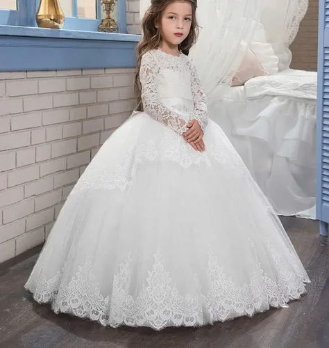 Vista 2 de Vestido de encaje de manga larga para niña, princesa de tul, vestido de baile