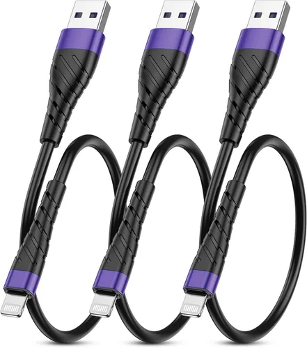 Vista 8 de Cable de carga corto con certificación MFi para iPhone, paquete de 3 unidades de 1 pie, 12 pulgadas para cable de carga Lightning, cable de datos