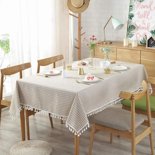 Vista 3 de AMZALI Mantel de Rayas con Borlas de Algodón y Lino Resistente a Manchas/A Prueba de Polvo Impermeable Cubierta de Mesa para Decoración de Mesa
