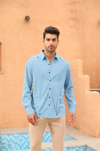 Vista 4 de Angeun Guayabera - Camisa de manga larga con botones, de algodón y lino, casual, hippie, cubano, campamento, playa