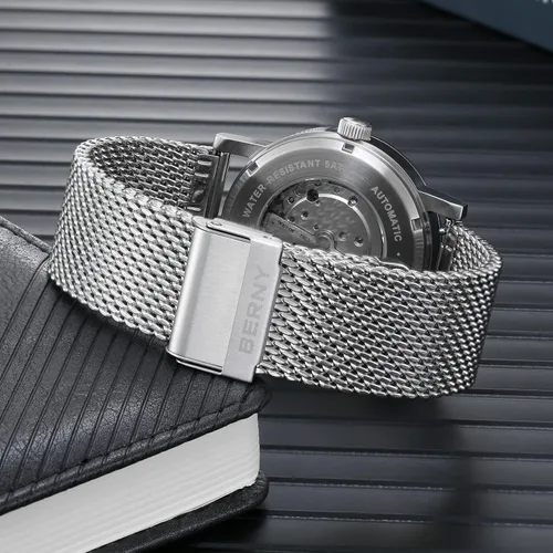 Vista 4 de BERNY Reloj automático clásico para hombre, reloj mecánico de cuerda automática MIYOTA 8215, correa de acero inoxidable, 5ATM, impermeable, esfera