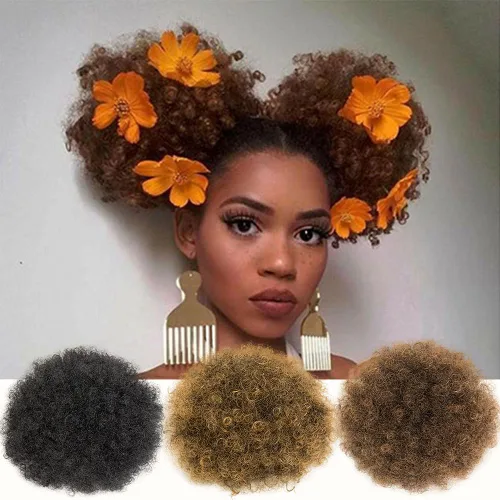 Vista 9 de Cola de caballo afro abombada para cabello natural, con cordón para cola de caballo afro, corto, afro, con cordón para cola de caballo rizado #1BT27