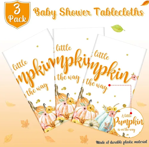 Vista 4 de WovWeave Paquete de 3 manteles de calabaza pequeña para decoración de fiesta de baby shower de otoño para niños y niñas, fundas de mesa para Acción