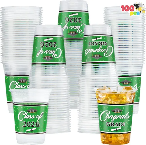 Vista 12 de JOYIN 100 vasos de graduación de 16 onzas para fiestas, juego de vajilla desechable para graduados de clase 2026, taza de PET para escuela